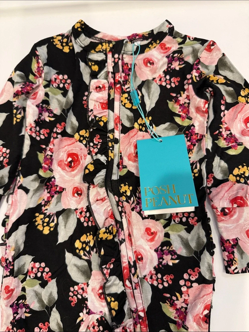 Posh Peanut Black Floral Footie with Pink Roses (3-6 mo)